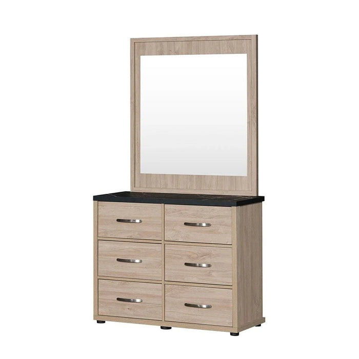 Bolivar 6-Drawer Dresser with Mirror-Vintage Oak/Black Faux Marble-With 2-Year Warranty