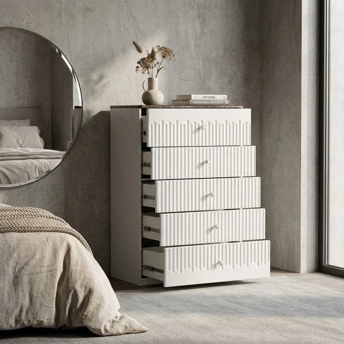Naples 5-Drawer Chest Cabinet-Beige/Stone-With 2-Year Warranty