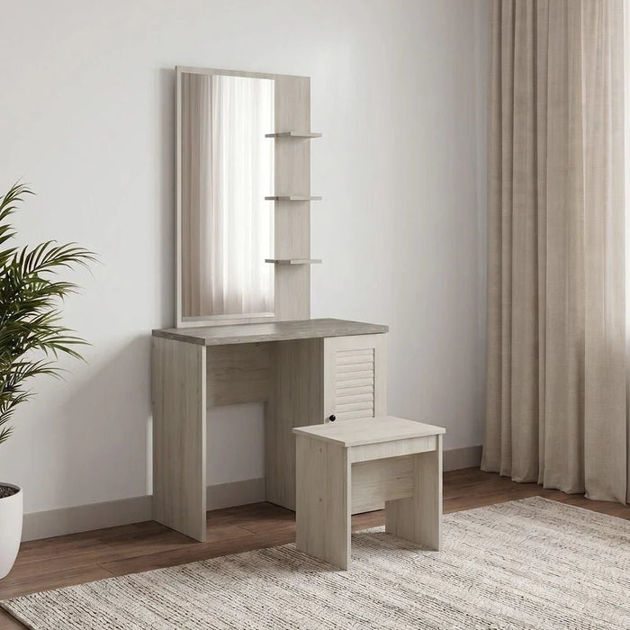 Zenith Tall Dresser with Mirror and Stool - White Oak/Cement - With 2-Year Warranty