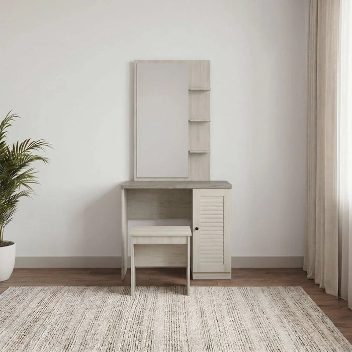 Zenith Tall Dresser with Mirror and Stool - White Oak/Cement - With 2-Year Warranty