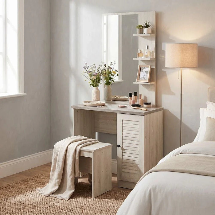 Zenith Tall Dresser with Mirror and Stool - White Oak/Cement - With 2-Year Warranty
