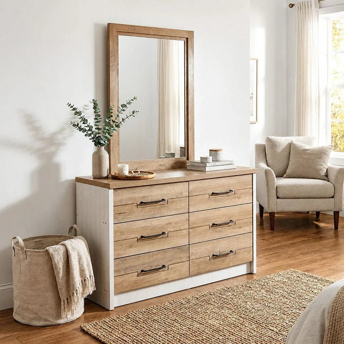 Swann 6-Drawer Master Dresser with Mirror - Summer Oak/Pearl White - With 2-Year Warranty