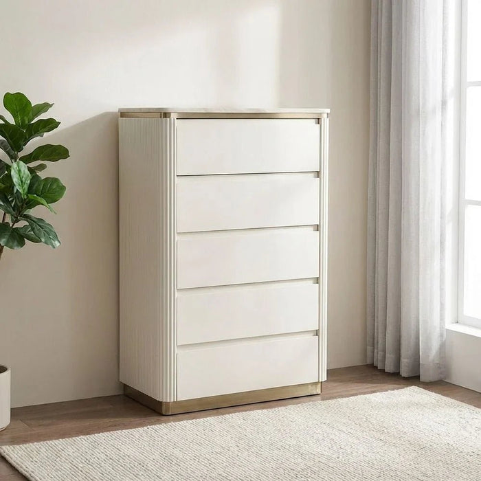 Ashton Chest of 5 Drawers - Beige/Brushed Gold - With 2-Year Warranty
