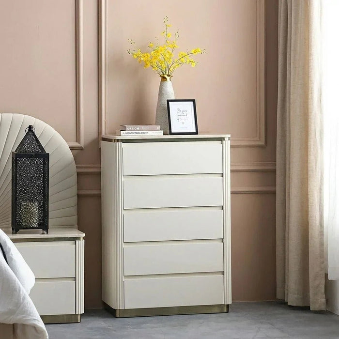 Ashton Chest of 5 Drawers - Beige/Brushed Gold - With 2-Year Warranty