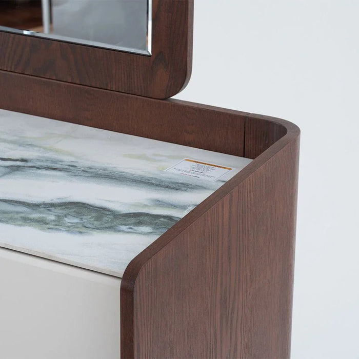 Alhamra Dresser with Mirror & Stool - Dark Brown/White/Green - With 2-Year Warranty