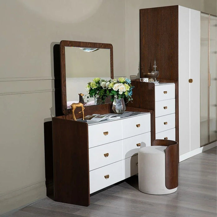 Alhamra Dresser with Mirror & Stool - Dark Brown/White/Green - With 2-Year Warranty
