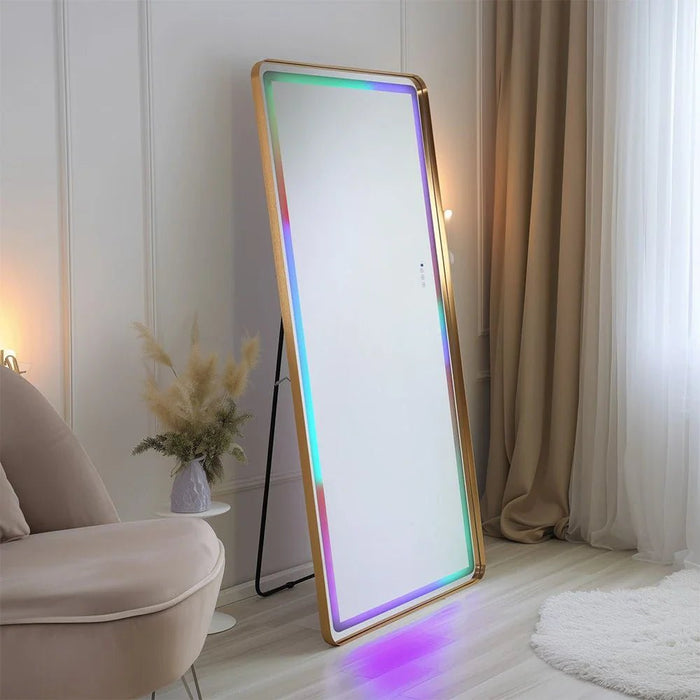Oakleaf Floor Mirror with RGB LED Lights + Bluetooth Speaker & Touch Screen Button - Gold - With 2-Year Warranty
