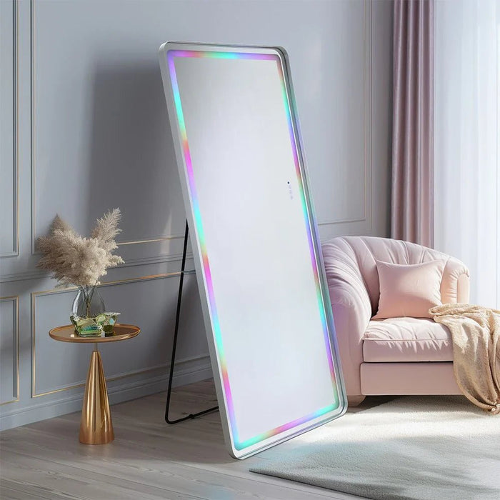 Oakleaf Floor Mirror with RGB LED Lights + Bluetooth Speaker & Touch Screen Button - Silver - With 2-Year Warranty