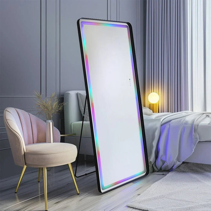 Oakleaf Floor Mirror with RGB LED Lights + Bluetooth Speaker & Touch Screen Button-Black-With 2-Year Warranty