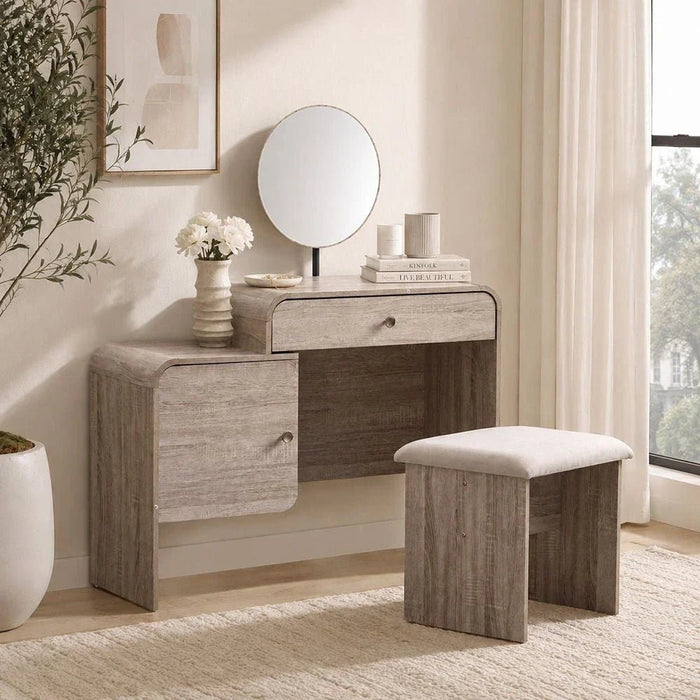Monro Vanity Dresser with Mirror & Stool - Natural Oak - With 2-Year Warranty