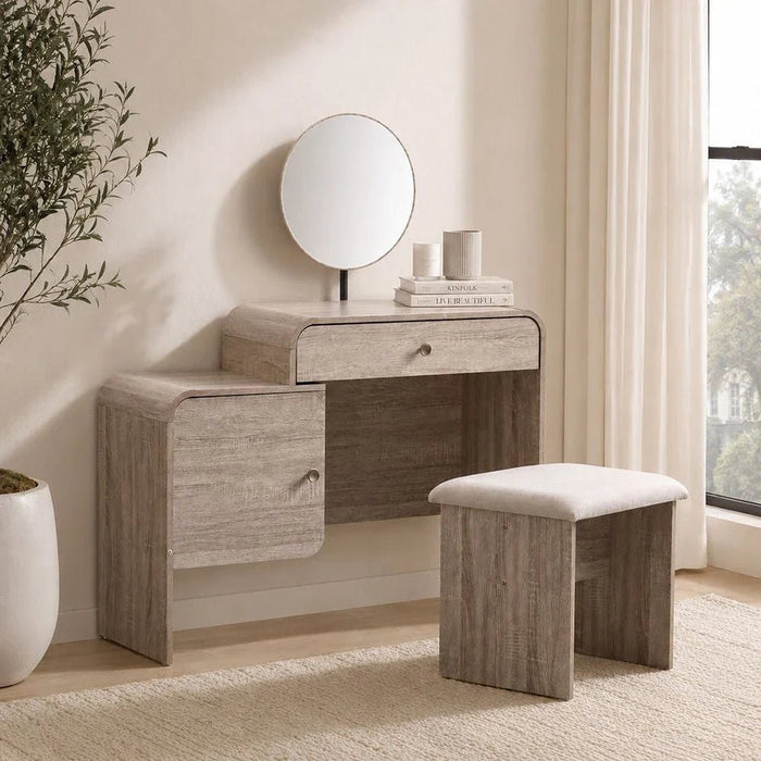 Monro Vanity Dresser with Mirror & Stool - Natural Oak - With 2-Year Warranty