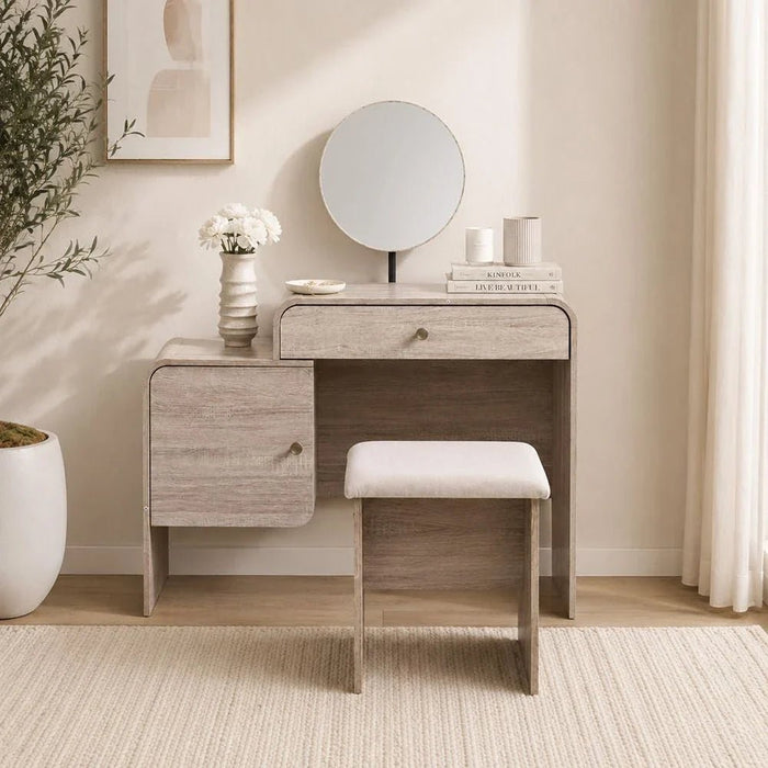Monro Vanity Dresser with Mirror & Stool - Natural Oak - With 2-Year Warranty