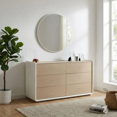 V2 BritaÊ 6 Drawer Dresser Mirror with Storage-Beige/White Oak