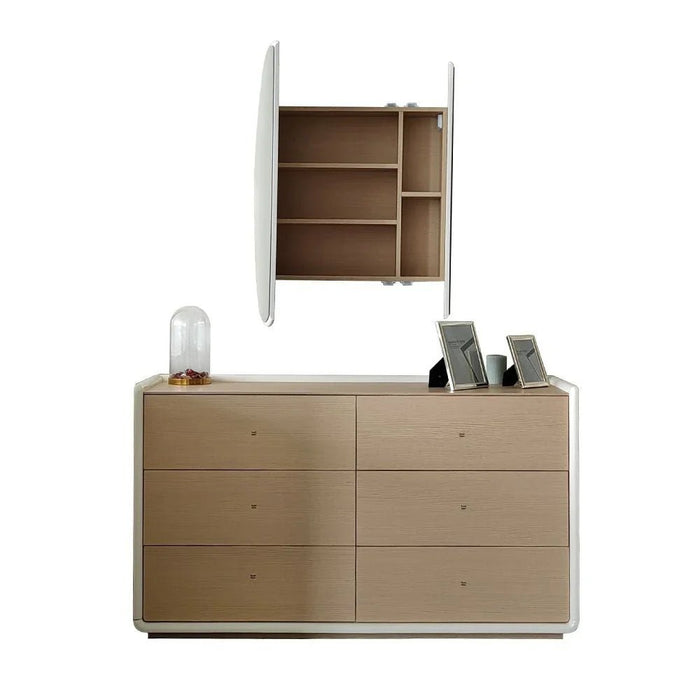 V2 BritaÊ 6 Drawer Dresser Mirror with Storage-Beige/White Oak