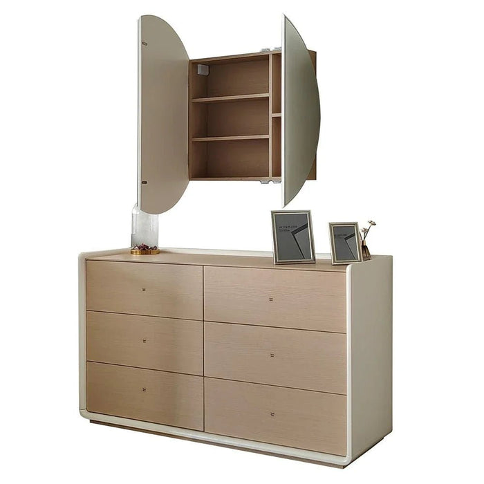 V2 BritaÊ 6 Drawer Dresser Mirror with Storage-Beige/White Oak
