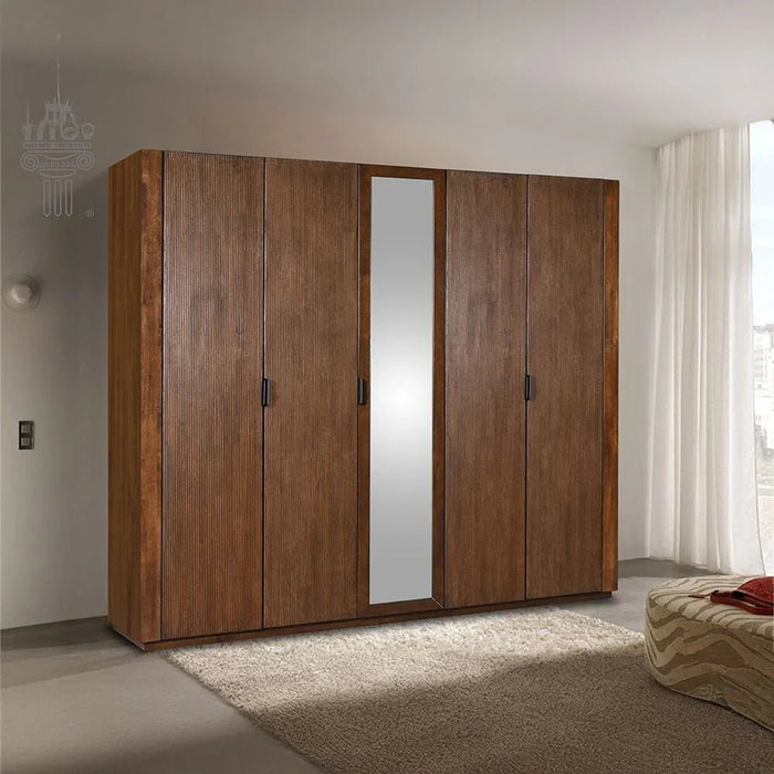 Zenia 5 Door Solid Wood Wardrobe with Mirror - Dark Brown - With 2-Year Warranty