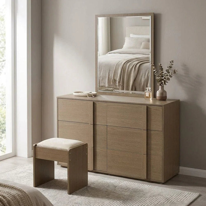 Allison 6-Drawer Master Dresser with Mirror and Stool - Natural Oak - With 2-Year Warranty
