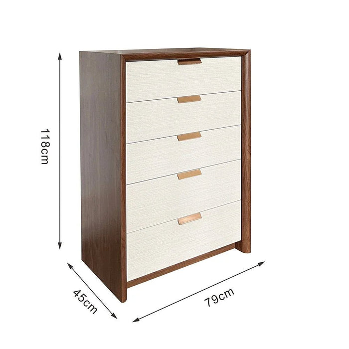 Terakkai Chest of 5 Drawers - Walnut/Beige/Bronze - With 2-Year Warranty