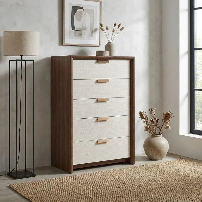Terakkai Chest of 5 Drawers - Walnut/Beige/Bronze - With 2-Year Warranty