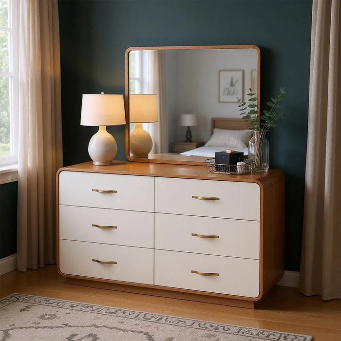 Nordomi 6-Drawer Dresser with Mirror with Stool - Beige/Natural - With 2-Year Warranty