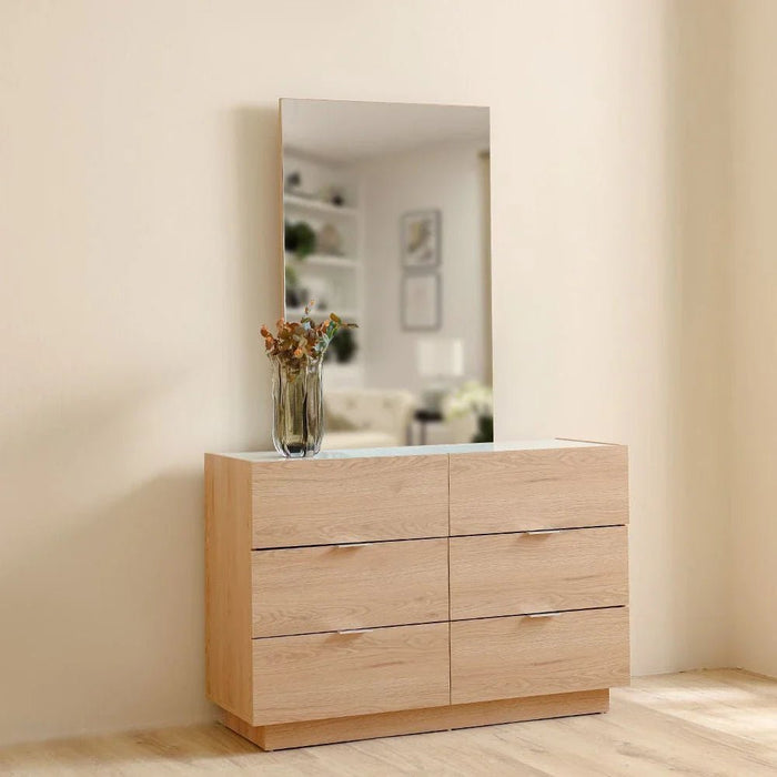 Float 6 Drawers Dresser With Glass Top & Mirror-Natural Oak