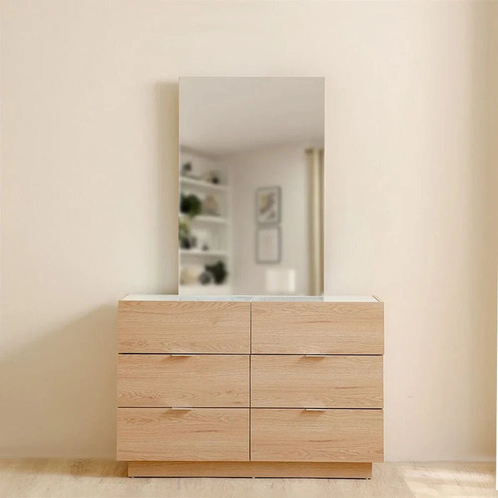 Float 6 Drawers Dresser With Glass Top & Mirror-Natural Oak