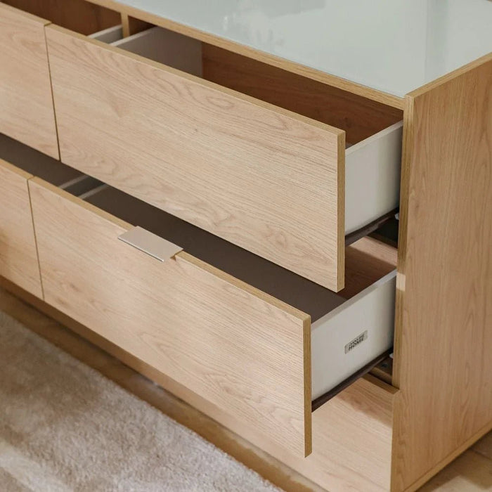 Float 6 Drawers Dresser With Glass Top & Mirror-Natural Oak
