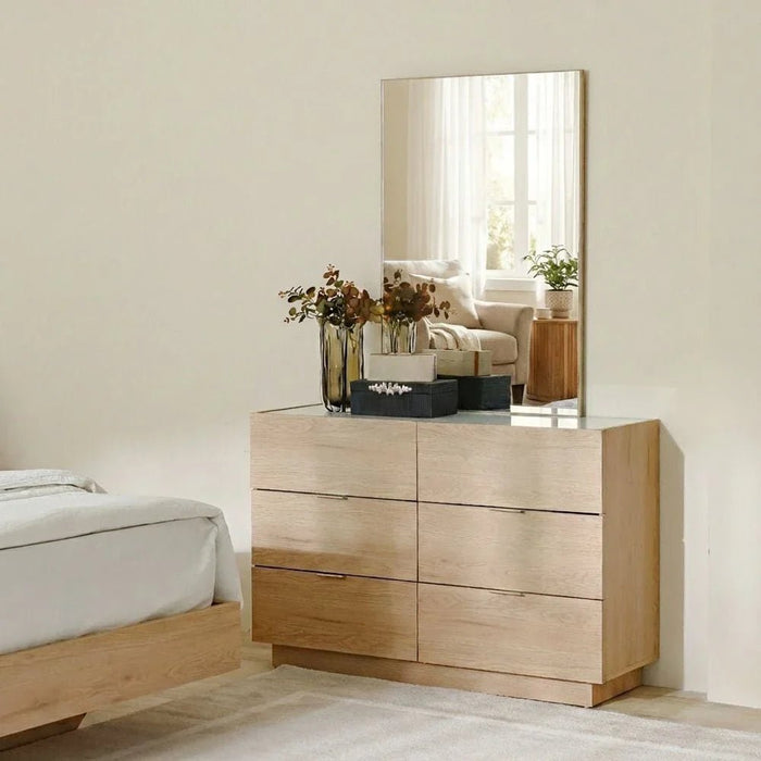 Float 6 Drawers Dresser With Glass Top & Mirror-Natural Oak