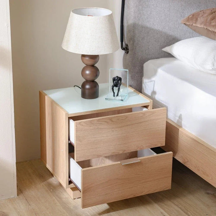 Float 2-Drawer Nightstand with Glass Top - Natural Oak - With 2-Year Warranty
