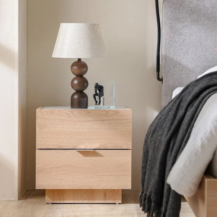 Float 2-Drawer Nightstand with Glass Top - Natural Oak - With 2-Year Warranty