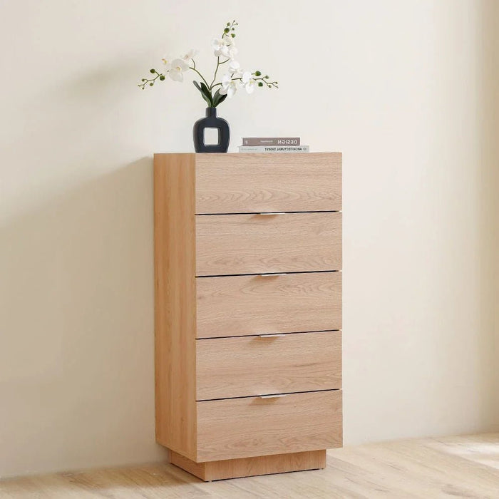 Float Chest of 5 Drawers with Glass Top - Natural Oak - With 2-Year Warranty