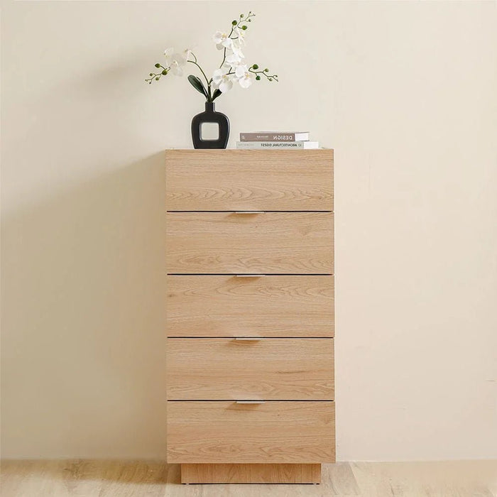 Float Chest of 5 Drawers with Glass Top - Natural Oak - With 2-Year Warranty