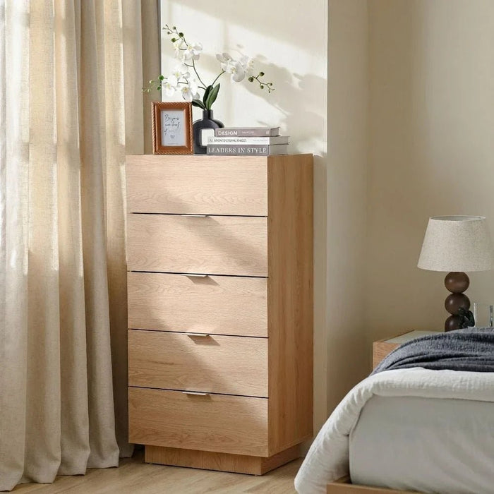 Float Chest of 5 Drawers with Glass Top - Natural Oak - With 2-Year Warranty