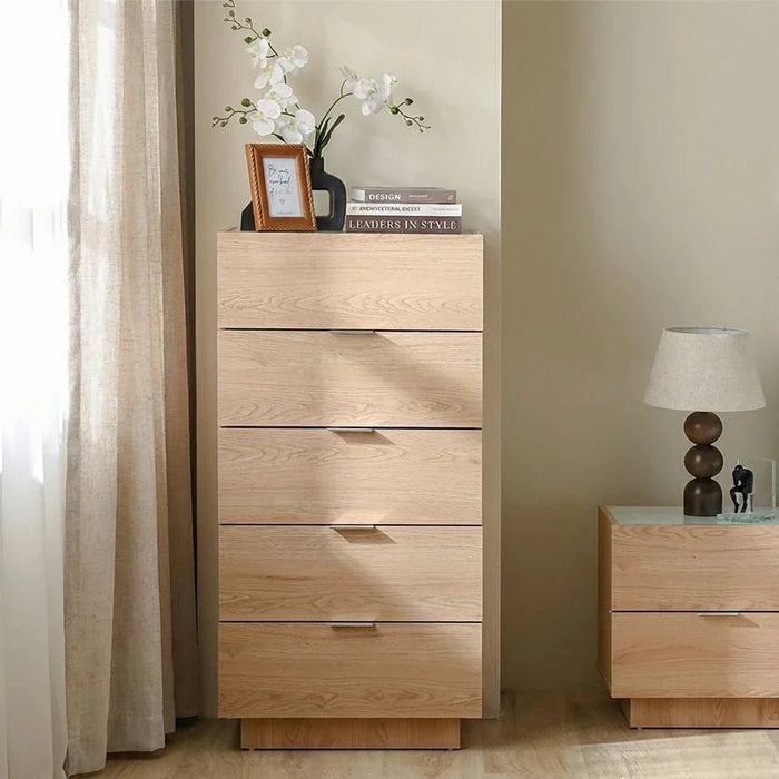Float Chest of 5 Drawers with Glass Top - Natural Oak - With 2-Year Warranty