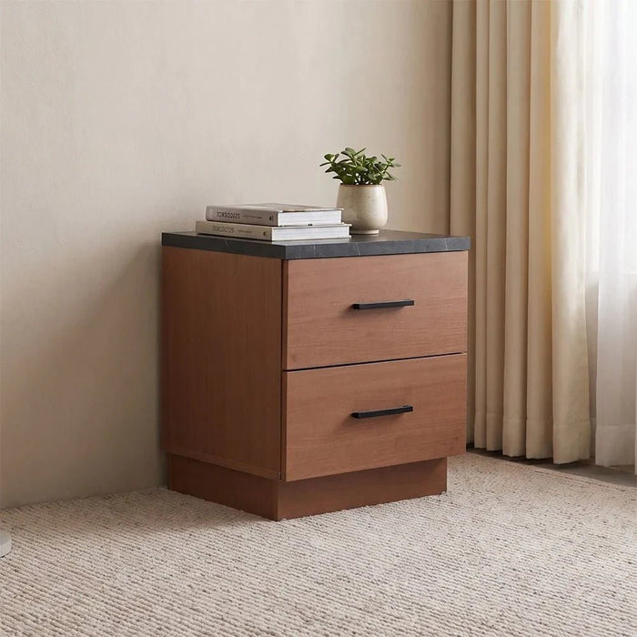 Pera 2 Drawer Night Stand - Walnut/Black Marble