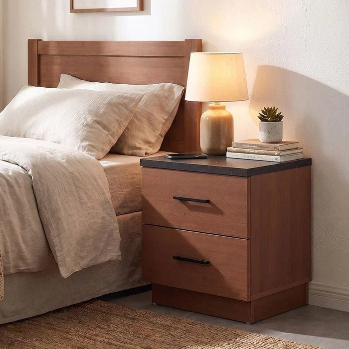 Pera 2 Drawer Night Stand - Walnut/Black Marble