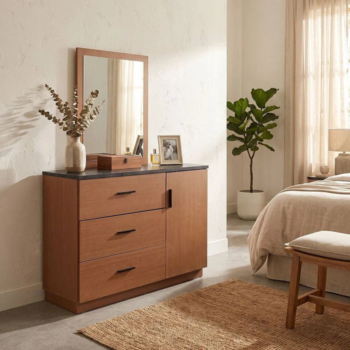Pera Dresser with Mirror - Walnut/Black Marble