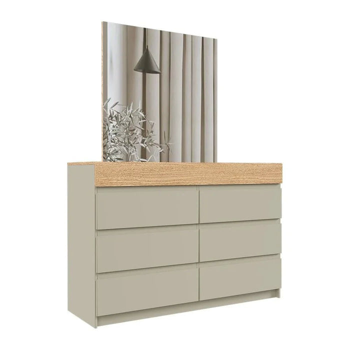 Bellano Dresser With Mirror + Hidden Storage - Taupe/Oak