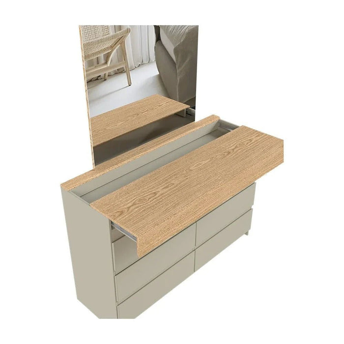 Bellano Dresser With Mirror + Hidden Storage - Taupe/Oak