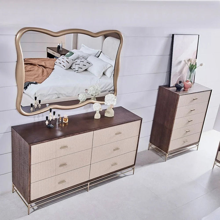 Atlanta 6 Drawer Dresser with Mirror & Stool - Walnut/Beige