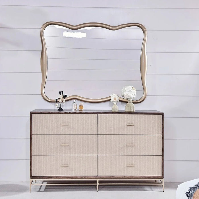 Atlanta 6 Drawer Dresser with Mirror & Stool - Walnut/Beige
