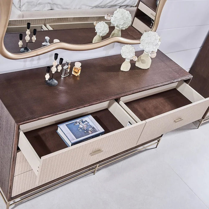 Atlanta 6 Drawer Dresser with Mirror & Stool - Walnut/Beige