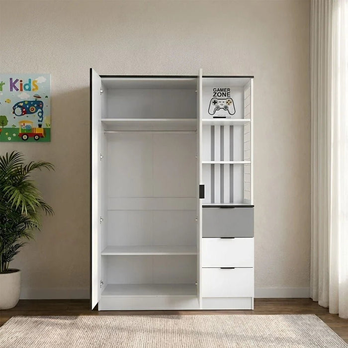 Gamerzone 2Door Wardrobe With 3Drawers -White & Grey