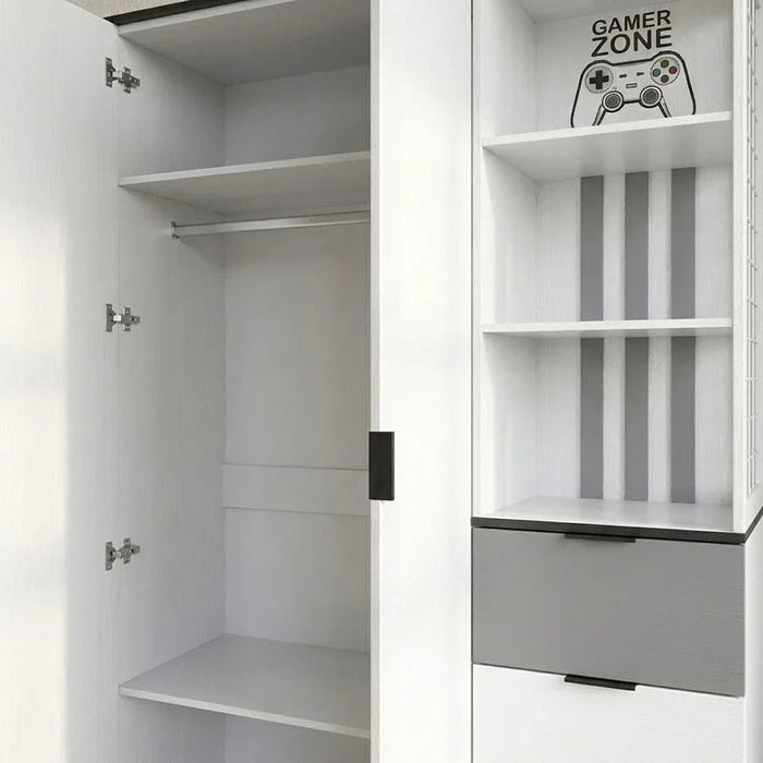 Gamerzone 2Door Wardrobe With 3Drawers -White & Grey