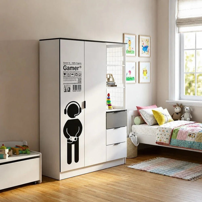 Gamerzone 2Door Wardrobe With 3Drawers -White & Grey