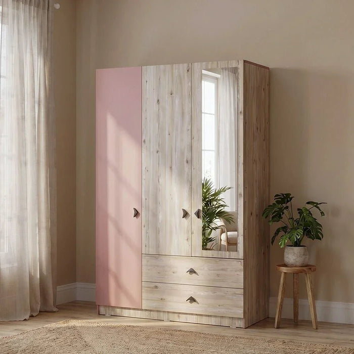 Bliss 3-Door Wardrobe with 2 Drawers & Mirror - Oak & Pink - With 5-Year Warranty