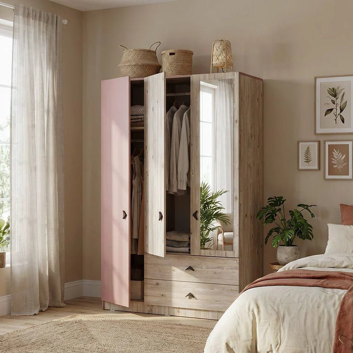 Bliss 3-Door Wardrobe with 2 Drawers & Mirror - Oak & Pink - With 5-Year Warranty
