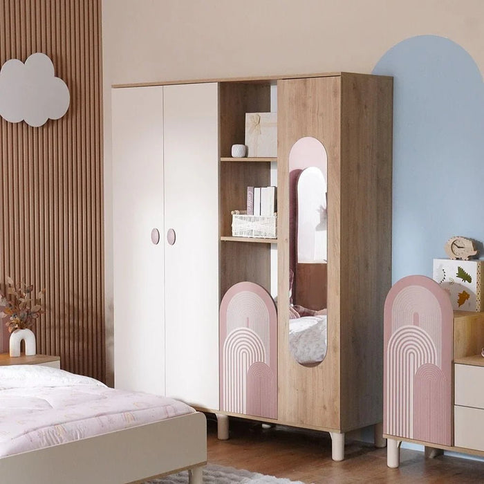 Zeta 4-Door Wardrobe with 1 Mirror & Open Shelves - Off White & Pink - With 2-Year Warranty