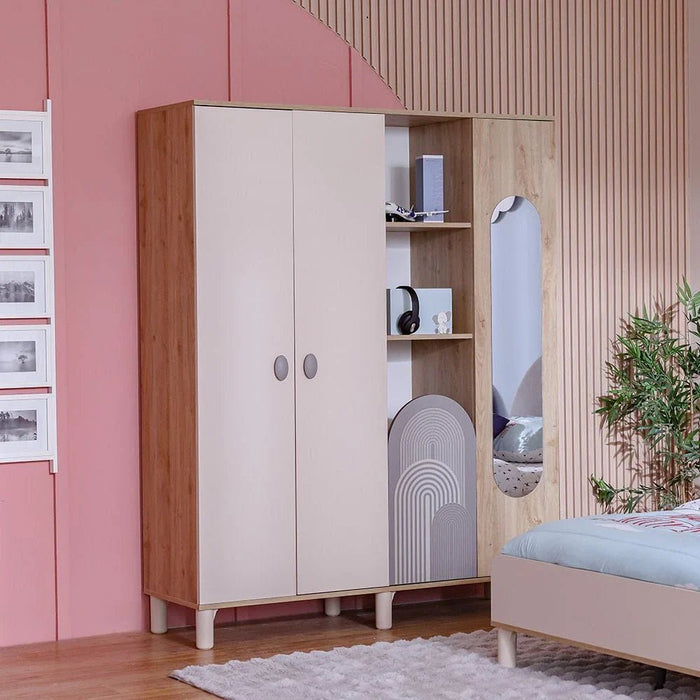 Zeta 4Door Wardrobe With 1 Mirror & Open Shelves-Offwhite & Grey