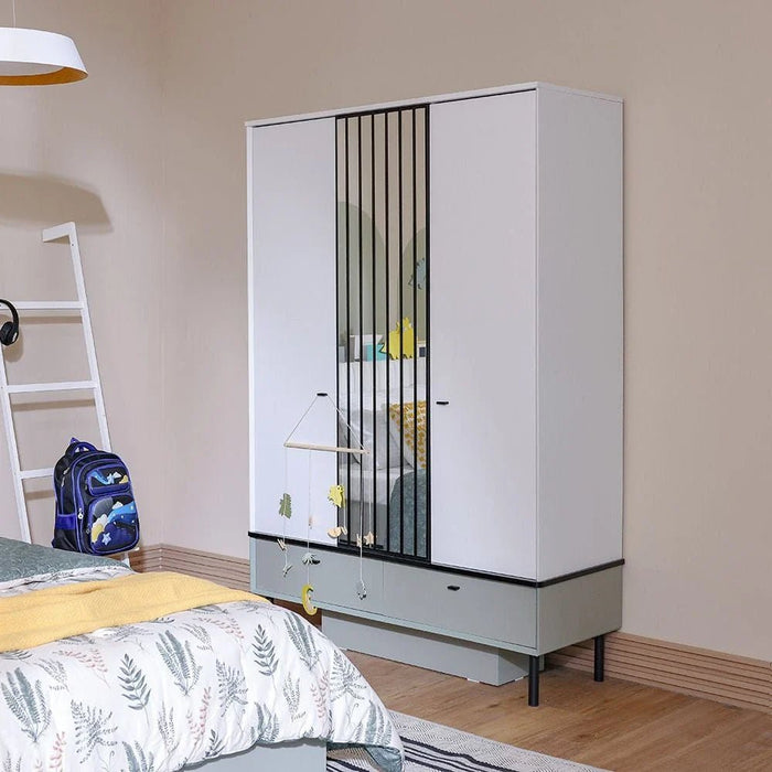 Petra 3Door Wardrobe With 2Drawers & 1Mirror-White & Grey